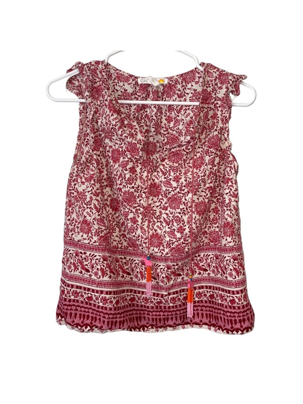 Floral Sleeveless Top With Beaded Tassels By C&C California XS Pink White